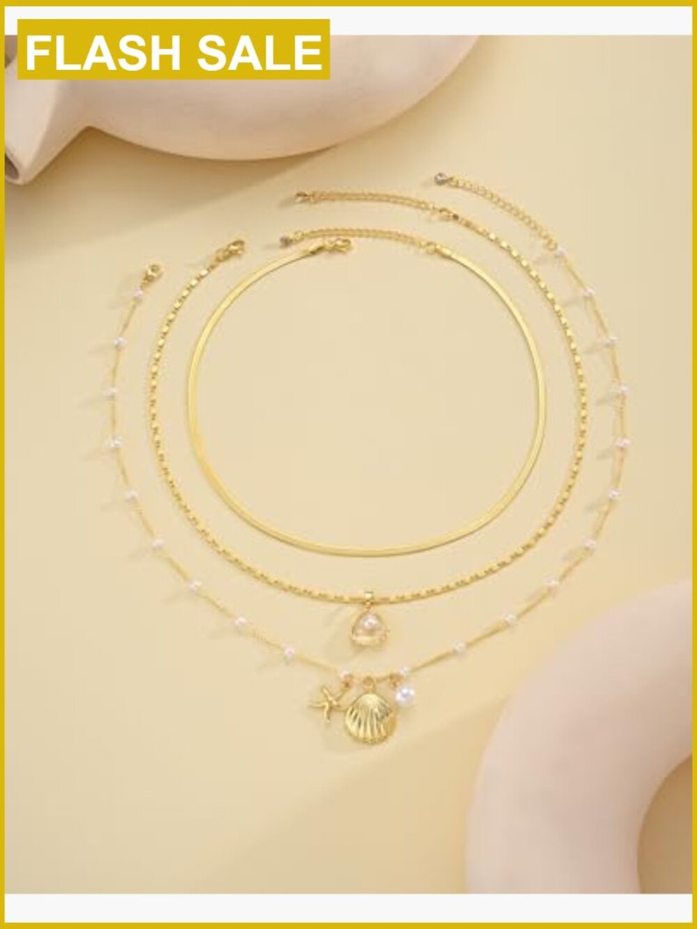 Layered Gold Seashell Necklace Set, Dainty Coastal Charm Jewelry for Women - Picture 7 of 7